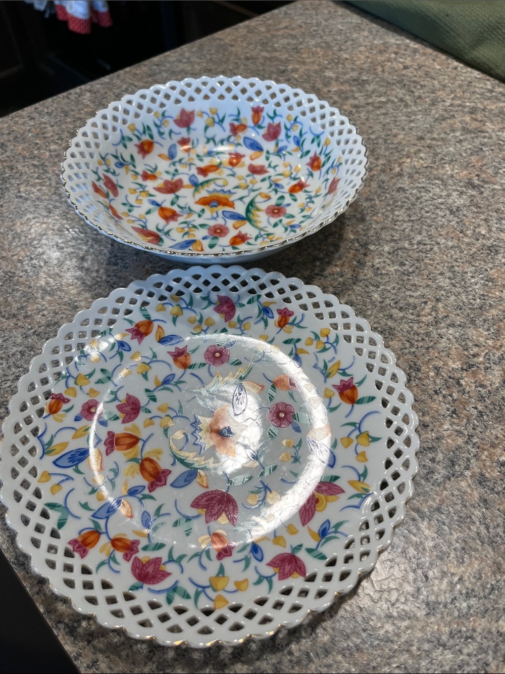 Porcelain Lattice-Edge Floral Dessert Plate and Bowl Set - White Floral